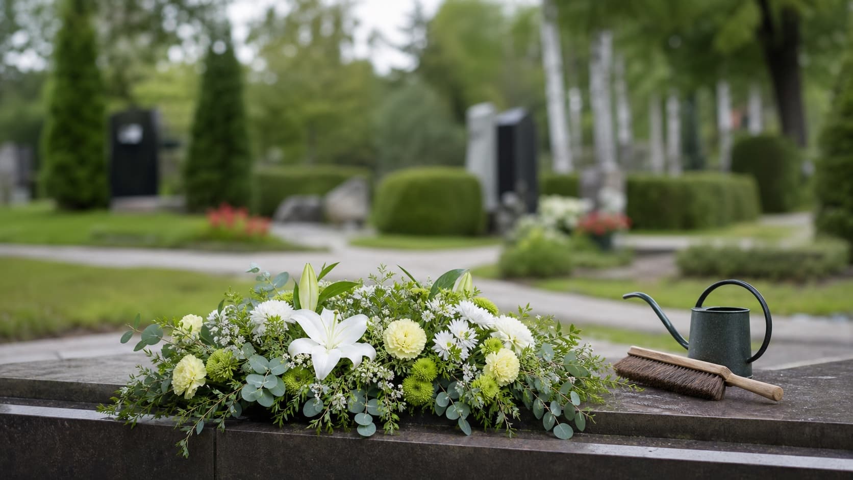 Tuoreet kukat ja haudanhoidon välineet muistopaikalla
